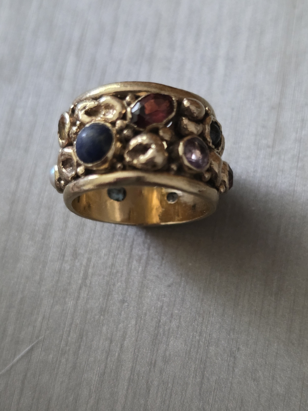 14kt Gold Custom Designed  Multi Gemstone Wide Band Ring  With Several Stones